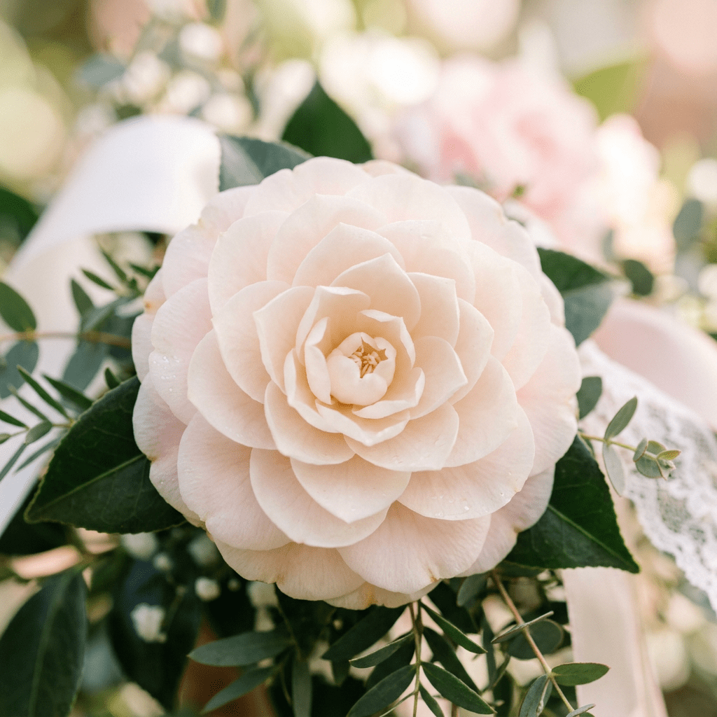 Pale pink camellia flower with multiple layered petals and green leaves