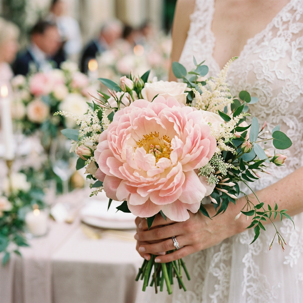 Bride holding a bouquet with a large light pink peony, white flowers, and green leaves